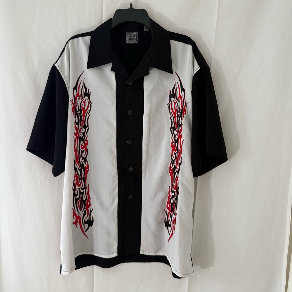 Men's Black and White Shirt with Red Flame Design